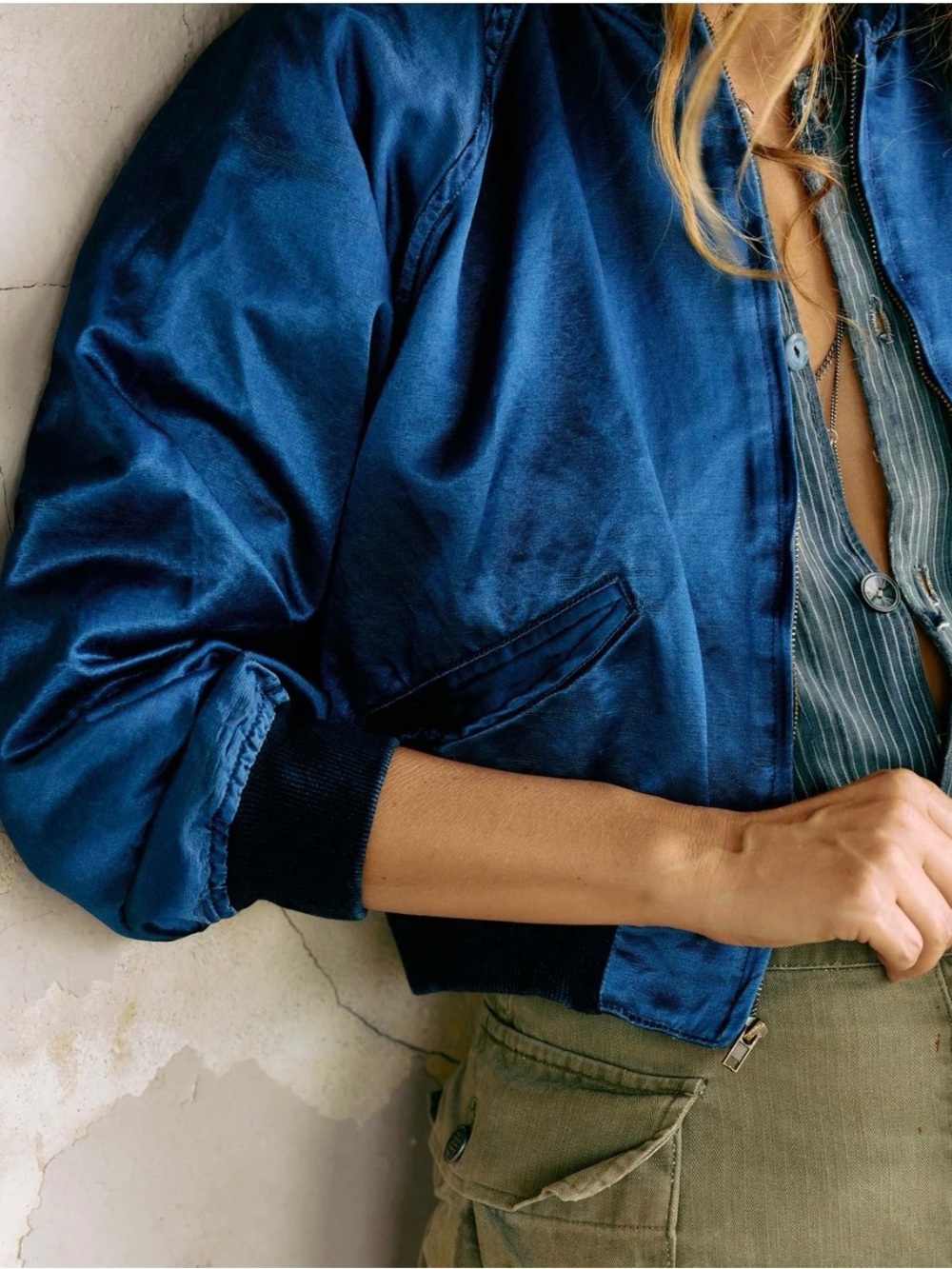 imogene + willie Deep Blue Satin Bomber Jacket NWOT - Picture 2 of 6